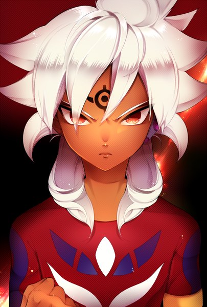 Anime picture 590x873 with inazuma eleven badarp slead baddap sleed momoshiki tsubaki single long hair tall image looking at viewer fringe hair between eyes red eyes upper body white hair tattoo dark skin serious forehead mark boy uniform fist