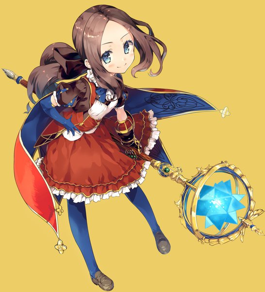 Anime picture 1590x1746 with fate (series) fate/grand order leonardo da vinci (fate) leonardo da vinci (rider) (fate) cura single long hair tall image looking at viewer blue eyes simple background smile brown hair holding full body ponytail short sleeves puffy sleeves hand on hip yellow background