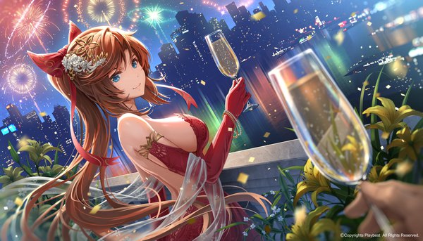 Anime picture 3500x2000 with original pinakes single long hair fringe highres breasts blue eyes light erotic smile brown hair wide image large breasts standing holding looking away upper body outdoors ponytail hair flower