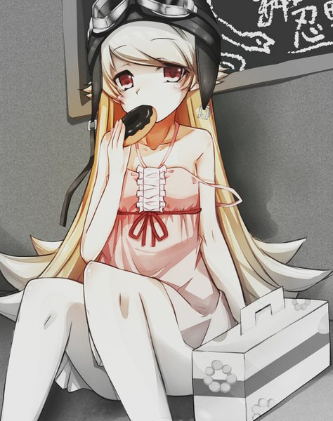 Anime picture 1155x1462 with bakemonogatari shaft (studio) monogatari (series) mister donut oshino shinobu sei000 single long hair tall image blush blonde hair red eyes bare shoulders loli hieroglyph monochrome eating third-party edit girl food