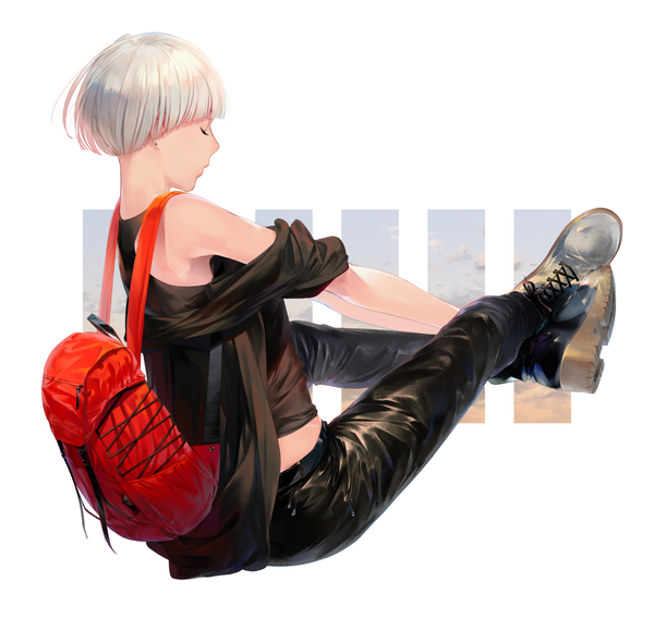 Anime picture 1200x1154 with original sousou (sousouworks) single fringe short hair simple background white background sitting bare shoulders sky silver hair full body bent knee (knees) blunt bangs eyes closed profile from behind off shoulder sleeveless crossed legs