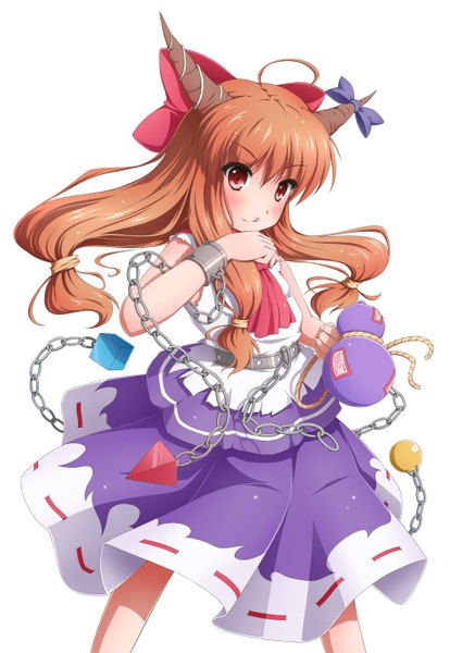 Anime picture 1979x2864 with touhou ibuki suika wahrheit 9 single long hair tall image blush highres simple background red eyes brown hair white background :p girl bow hair bow chain