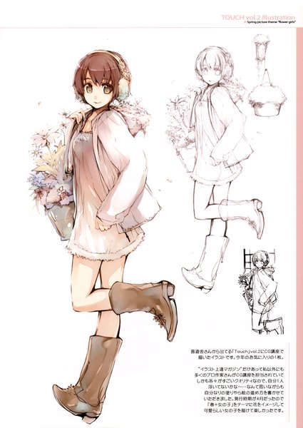 Anime picture 2480x3500 with onmi7 (artbook) fujishima (artist) single tall image looking at viewer highres short hair smile brown hair brown eyes scan hieroglyph girl dress flower (flowers) headphones