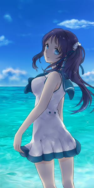 Anime picture 800x1600 with nagi no asukara p.a. works hiradaira chisaki hacco single long hair tall image looking at viewer fringe breasts blue eyes smile standing sky purple hair cloud (clouds) from behind back horizon girl