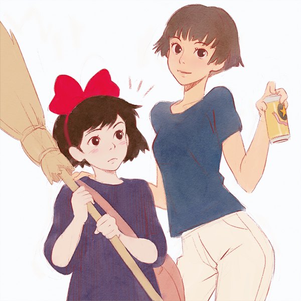 Anime picture 1024x1024 with kiki's delivery service gake no ue no ponyo studio ghibli sapporo (beer) kiki risa (ponyo) ilya kuvshinov fringe short hair simple background brown hair white background multiple girls looking away black eyes witch girl dress bow 2 girls