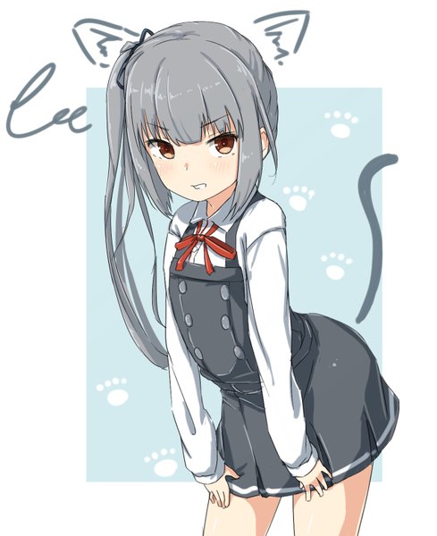 Anime picture 1276x1565 with kantai collection kasumi destroyer ame-rain single long hair tall image looking at viewer blush fringe brown eyes animal ears payot ponytail tail blunt bangs long sleeves animal tail grey hair cat ears cat tail
