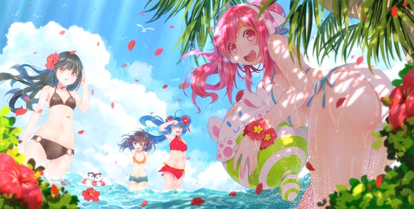 Anime picture 3400x1727 with sound voltex katoma long hair looking at viewer blush highres open mouth light erotic black hair brown hair wide image multiple girls blue hair pink hair sky cloud (clouds) pink eyes girl flower (flowers) swimsuit