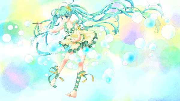 Anime picture 2666x1500 with vocaloid hatsune miku nakanoue highres wide image twintails very long hair barefoot aqua eyes aqua hair girl dress ribbon (ribbons) bubble (bubbles)