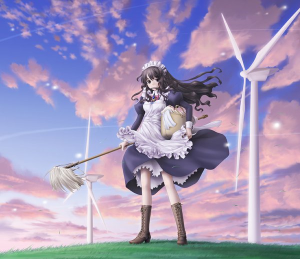 Anime picture 1100x950 with original eichikei (hakuto) single long hair black hair sky cloud (clouds) wind black eyes maid girl boots apron broom