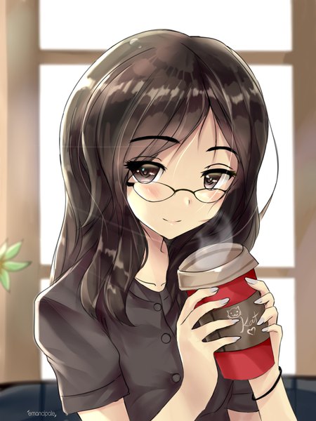 Anime picture 1500x2000 with original emancipate single long hair tall image looking at viewer blush fringe smile brown hair holding brown eyes signed upper body indoors inscription short sleeves portrait steam girl