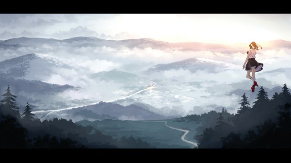 Anime picture 1200x673 with touhou shameimaru aya garnet-3a single short hair brown hair wide image sky cloud (clouds) wind sunlight back mountain landscape river girl skirt plant (plants) tree (trees) socks