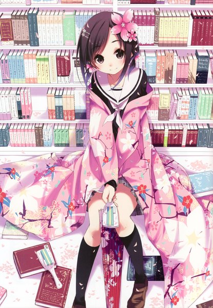 Anime picture 3246x4677 with hanayamata madhouse sekiya naru hamayumiba sou single tall image highres short hair brown hair sitting brown eyes absurdres traditional clothes japanese clothes hair flower scan closed umbrella girl skirt uniform