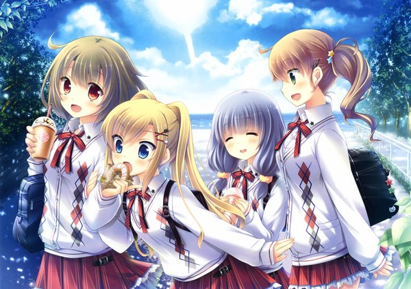 Anime picture 3300x2326 with original eshi 100-nin ten ikegami akane long hair blush highres short hair open mouth blue eyes blonde hair smile red eyes brown hair twintails multiple girls blue hair absurdres sky cloud (clouds) eyes closed