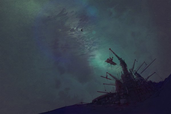Anime picture 2776x1848 with original ozu (artist) highres sky night landscape crescent crane