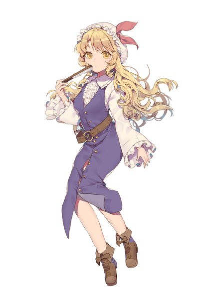 Anime picture 1700x2389 with touhou watatsuki no toyohime acidear single long hair tall image looking at viewer simple background blonde hair white background yellow eyes full body long sleeves wide sleeves curly hair girl dress hat shoes belt