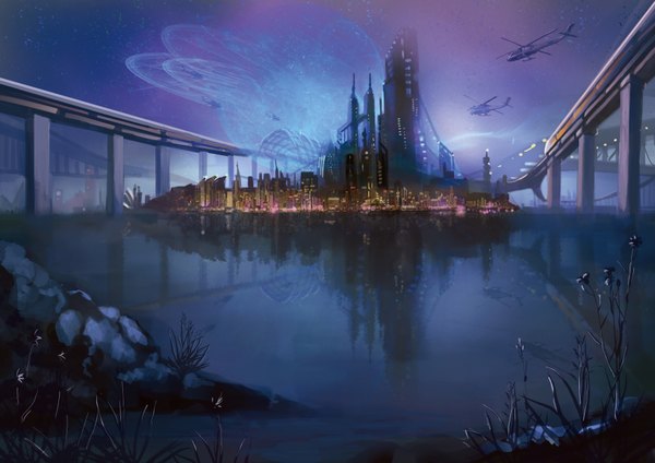 Anime-Bild 3508x2480 mit long5009 highres absurdres sky night city no people water helicopter