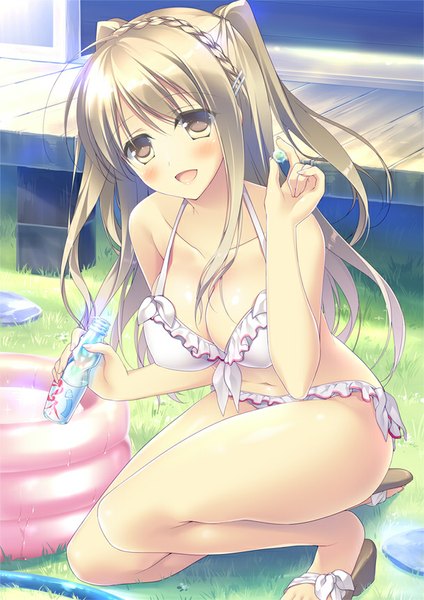 Anime picture 609x861 with original motomiya mitsuki single long hair tall image looking at viewer blush breasts open mouth light erotic brown hair brown eyes cleavage braid (braids) two side up crown braid girl navel swimsuit plant (plants)