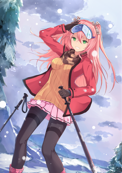 Anime picture 724x1023 with original fuuro (johnsonwade) single long hair tall image looking at viewer fringe smile hair between eyes twintails holding green eyes pink hair sky cloud (clouds) bent knee (knees) pleated skirt open clothes from below grin