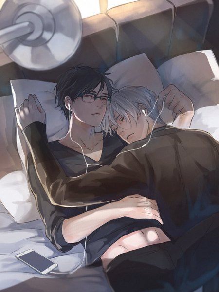 Anime picture 675x900 with yuri!!! on ice mappa viktor nikiforov katsuki yuuri saito yukihiro tall image fringe short hair black hair indoors lying eyes closed head tilt grey hair sunlight multiple boys on back on stomach sleeping sunbeam