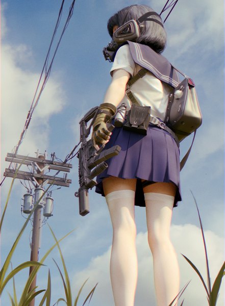 Anime picture 1848x2515 with original nomad0618 single tall image highres short hair black hair standing holding sky cloud (clouds) outdoors pleated skirt from behind from below short sleeves girl thighhighs skirt uniform