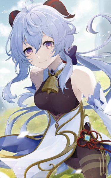 Anime picture 2208x3541 with genshin impact ganyu (genshin impact) kinaco 4738 single tall image fringe highres light erotic smile hair between eyes purple eyes blue hair ahoge outdoors very long hair horn (horns) low ponytail bell collar girl detached sleeves