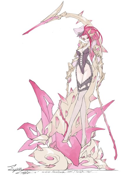 Anime picture 1697x2400 with league of legends zyra (league of legends) loiza single long hair tall image light erotic simple background standing white background yellow eyes cleavage red hair legs character names crossed legs girl thighhighs plant (plants) garter straps