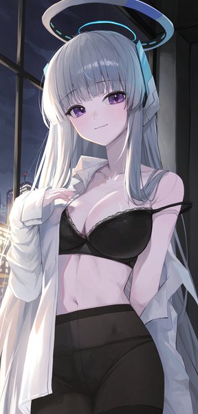 Anime picture 3143x6538 with blue archive noa (blue archive) gnns single tall image looking at viewer blush fringe highres breasts light erotic large breasts standing purple eyes absurdres cleavage silver hair indoors long sleeves very long hair