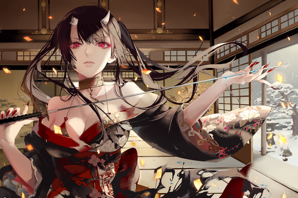 Anime picture 1350x900 with original yukisame single long hair looking at viewer fringe breasts light erotic black hair hair between eyes red eyes bare shoulders holding cleavage upper body indoors nail polish traditional clothes japanese clothes multicolored hair