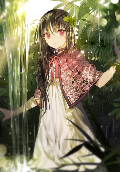 Anime picture 700x1000 with original sorolp single long hair tall image looking at viewer fringe black hair hair between eyes signed pink eyes sunlight shadow waterfall girl dress hair ornament choker water white dress