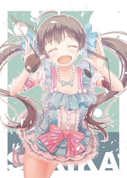 Anime picture 800x1119 with idolmaster idolmaster million live! hakozaki serika yae (mono110) single long hair tall image blush open mouth brown hair twintails eyes closed :d happy girl dress ribbon (ribbons) hair ribbon necklace beads