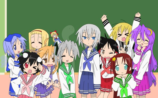 Anime picture 1280x800 with lucky star touhou kyoto animation hakurei reimu kirisame marisa izayoi sakuya konpaku youmu patchouli knowledge alice margatroid cirno myon hong meiling ibuki suika izumi konata hiiragi kagami inaba tewi shanghai hiiragi tsukasa takara miyuki kusakabe misao