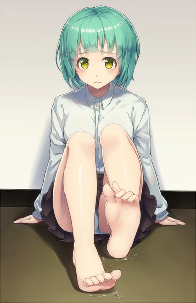 Anime picture 649x1000 with demi-chan wa kataritai a-1 pictures kusakabe yuki (demi-chan wa kataritai) asisuki single tall image looking at viewer blush fringe short hair light erotic sitting yellow eyes full body barefoot aqua hair pantyshot pantyshot sitting against wall girl