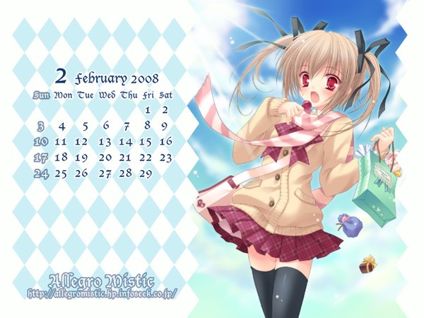 Anime picture 1280x960 with takano yuki (allegro mistic) blonde hair red eyes twintails teeth fang (fangs) calendar 2008 thighhighs skirt uniform ribbon (ribbons) school uniform calendar