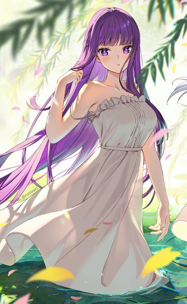 Anime picture 1200x1952 with sousou no frieren fern (sousou no frieren) rosuuri single long hair tall image looking at viewer blush fringe purple eyes purple hair outdoors blunt bangs wind partially submerged adjusting hair strap slip girl dress plant (plants)
