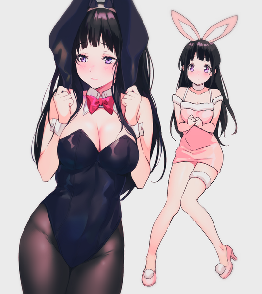 Anime picture 1002x1123 with hyouka kyoto animation chitanda eru mery (yangmalgage) long hair tall image looking at viewer blush fringe breasts light erotic black hair simple background standing purple eyes bare shoulders animal ears looking away cleavage full body