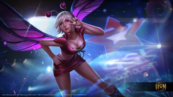 Anime picture 1920x1080 with heroes of newerth gsl moon queen mickyoko (mictones) single looking at viewer highres short hair breasts light erotic red eyes wide image signed cleavage white hair nail polish parted lips fingernails realistic inscription wallpaper