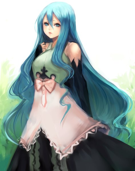 Anime picture 1000x1269 with noora to toki no koubou mellow (noora to toki no koubou) sasaki ryou single long hair tall image looking at viewer highres aqua eyes lips aqua hair girl dress bow detached sleeves
