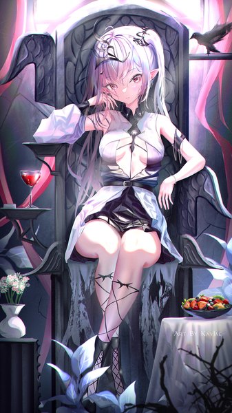 Anime-Bild 1296x2304 mit original kayjae single long hair tall image looking at viewer fringe breasts light erotic hair between eyes red eyes sitting signed silver hair full body pointy ears one side up crossed legs cleavage cutout dust