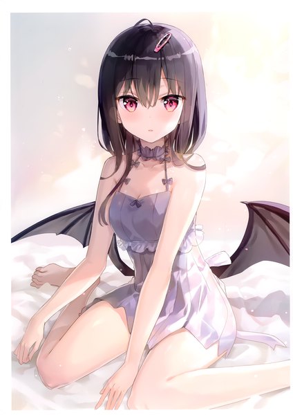 Anime picture 2419x3421 with original fuumi (radial engine) single long hair tall image looking at viewer blush fringe highres breasts open mouth black hair hair between eyes sitting bare shoulders cleavage indoors tail pink eyes scan
