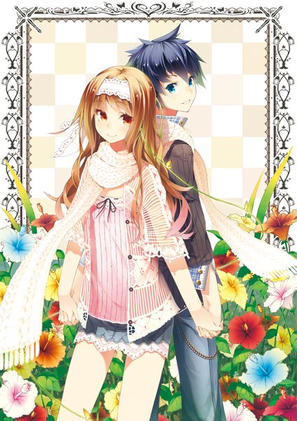 Anime picture 1363x1927 with original itsuwa (lethal-kemomimi) long hair tall image short hair blue eyes black hair smile red eyes brown hair holding hands back to back girl boy flower (flowers) scarf
