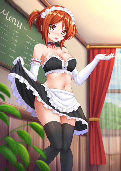 Anime picture 1200x1697 with original kazenokaze single tall image blush short hair breasts light erotic brown hair twintails brown eyes cleavage maid midriff short twintails girl thighhighs skirt gloves navel
