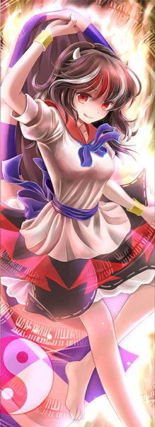 Anime picture 377x1031 with touhou kijin seija hajike akira single tall image looking at viewer blush short hair black hair smile red eyes multicolored hair barefoot horn (horns) streaked hair magic yin yang girl dress bracelet