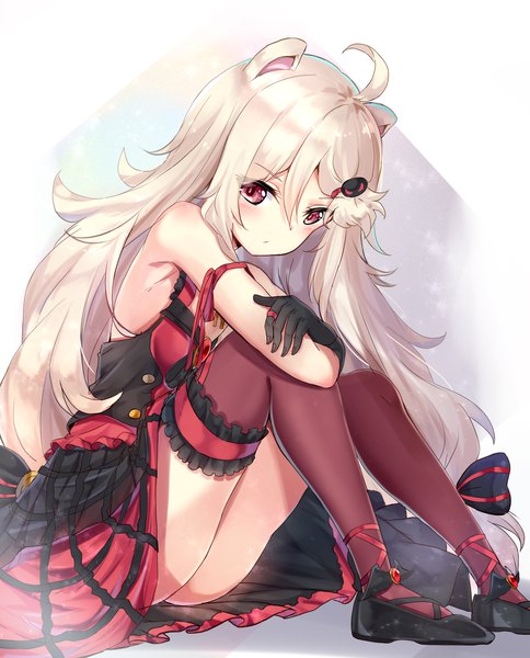 Anime picture 1441x1786 with show by rock!! studio bones aireen (show by rock!!) karumayu single tall image looking at viewer blush fringe open mouth light erotic hair between eyes red eyes sitting twintails animal ears full body ahoge white hair very long hair