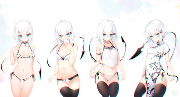 Anime picture 8682x4694 with original ringo-chan (otokuyou) otokuyou looking at viewer fringe highres short hair light erotic hair between eyes wide image standing multiple girls absurdres white hair tail traditional clothes aqua eyes underwear only thigh gap chinese clothes