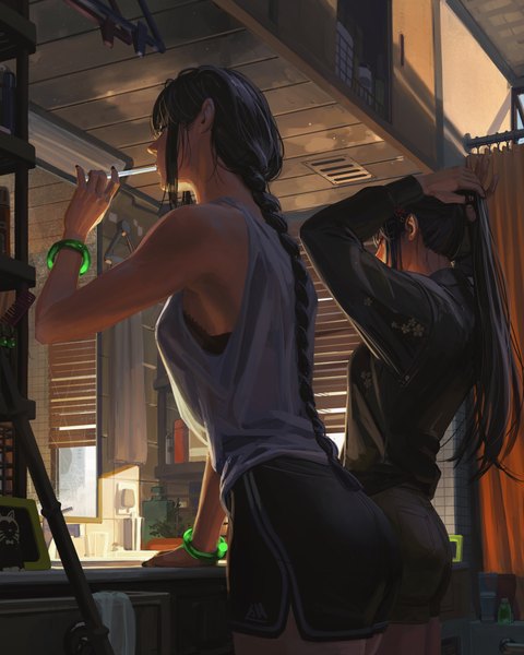 Anime picture 4000x5005 with original guweiz long hair tall image highres black hair standing multiple girls holding payot looking away absurdres ponytail indoors braid (braids) profile arm up arms up from below back
