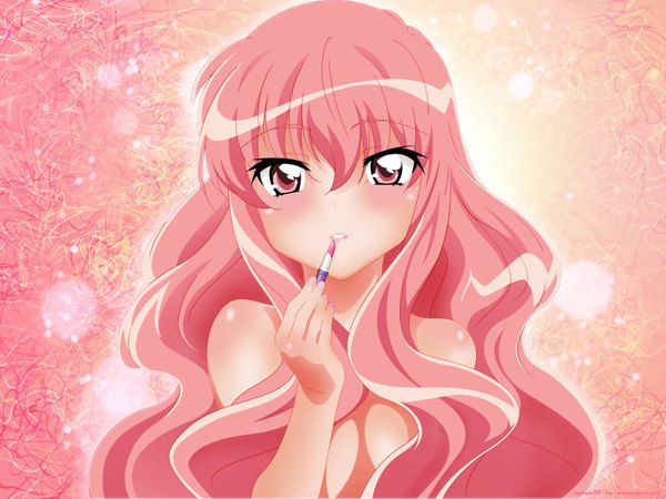 Anime picture 1600x1200 with zero no tsukaima j.c. staff louise francoise le blanc de la valliere single long hair looking at viewer blush pink hair pink eyes lips pink background girl