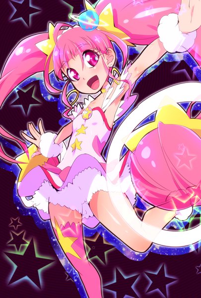 Anime picture 1102x1631 with precure star twinkle precure toei animation hoshina hikaru cure star ryuuta (cure ryuuta) single long hair tall image looking at viewer blush fringe open mouth simple background standing twintails pink hair ahoge blunt bangs :d