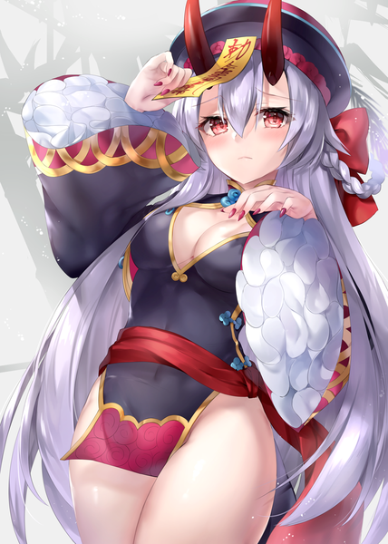 Anime picture 2918x4093 with fate (series) fate/grand order tomoe gozen (fate) hane yuki single long hair tall image looking at viewer blush fringe highres breasts light erotic hair between eyes red eyes silver hair braid (braids) traditional clothes horn (horns) fingernails