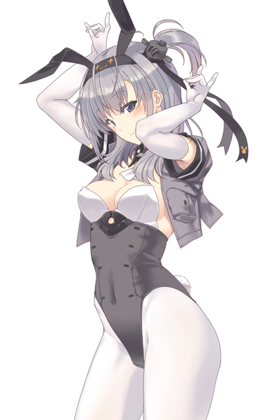 Anime picture 638x1000 with kantai collection suzutsuki (kancolle) nakadori (movgnsk) single long hair tall image looking at viewer blush fringe breasts light erotic simple background white background animal ears cleavage tail animal tail grey hair arms up grey eyes