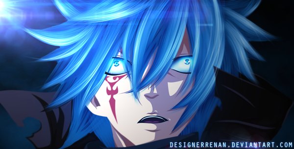 Anime picture 1240x632 with fairy tail jellal fernandes designerrenan single short hair open mouth blue eyes wide image blue hair tattoo coloring facial mark light close-up face boy